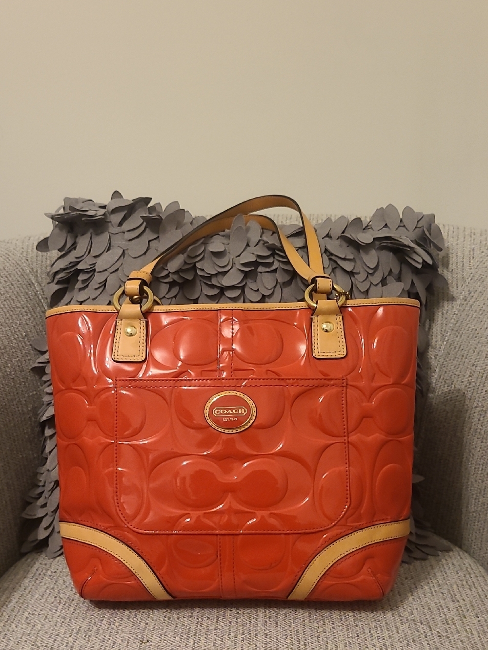 Coach Glossy Orange Patent Tote with Tan Trim